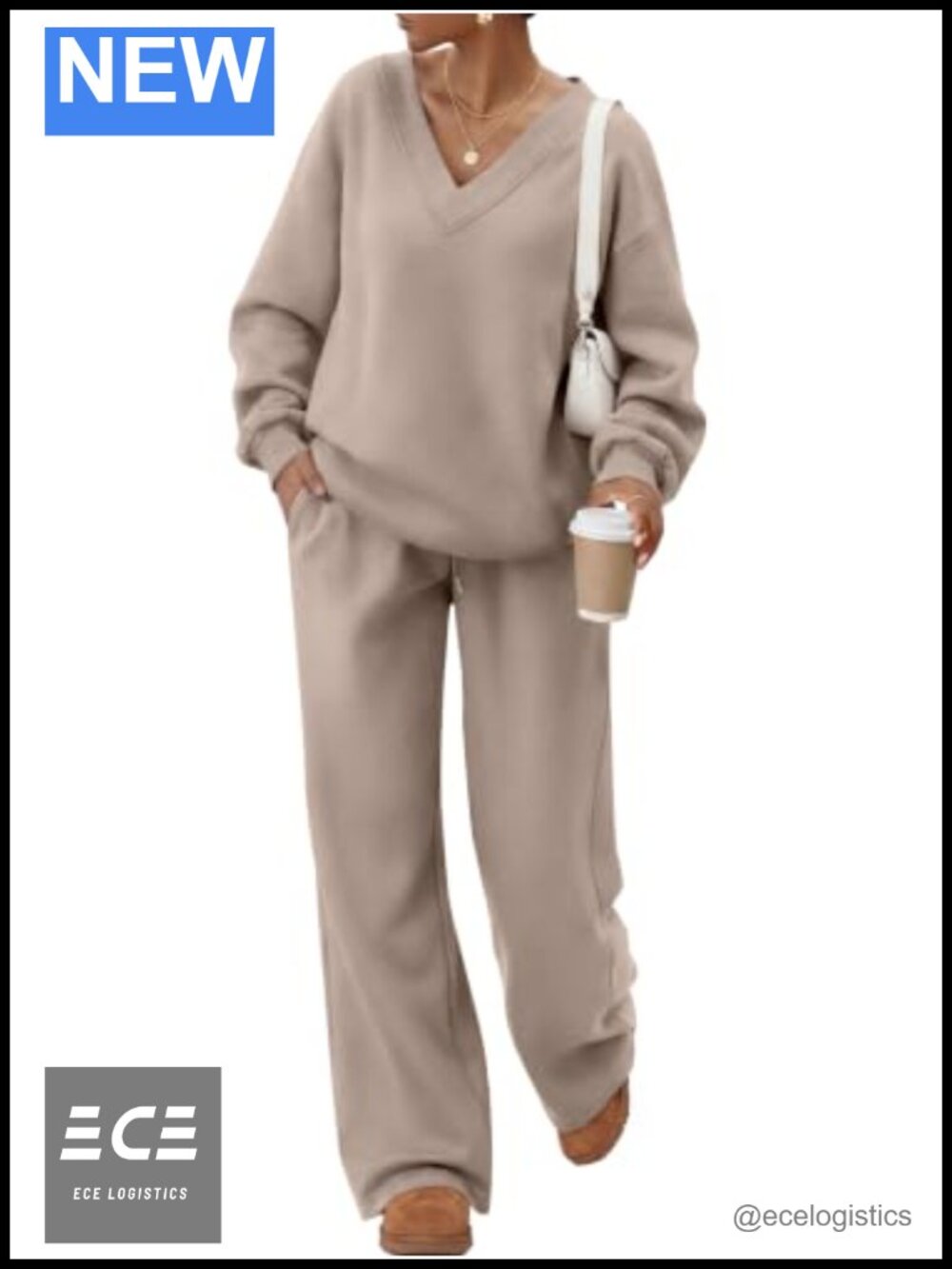 Women's 2 Piece Oversized Sweatsuit V-Neck Sweatshirt Wide Leg Sweatpants Set